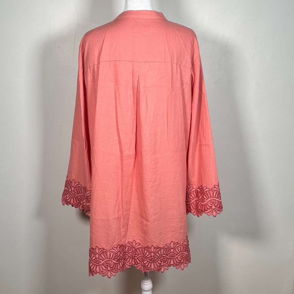 Anne Klein Linen Blend Tunic Coral Long Sleeve Pullover Embroidered Size L - Picture 10 of 10